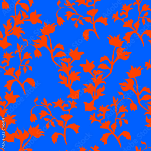 Floral seamless pattern with red flowers on blue in square format for wallpaper, background design. Cute Floral pattern in the small flower. Motifs scattered random. 