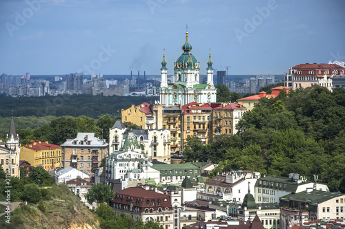 Aerial top view of Saint Andrew's church and Andreevska street from above © Mariana Ianovska