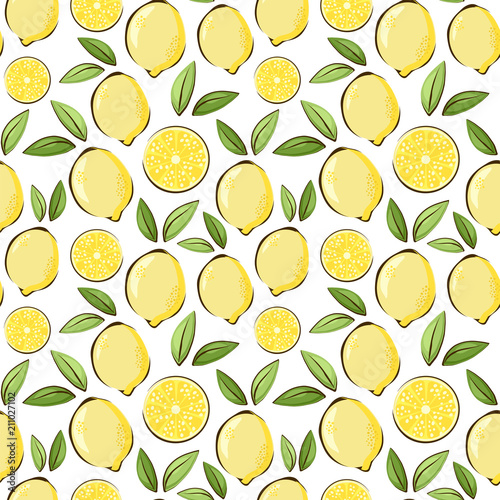 Seamless lemon pattern background. Vector illustration with lemons and leaves.