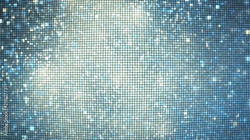 Abstract glittering geometric texture with blue and white pixels. Fantasy fractal design. Digital art. 3D rendering.