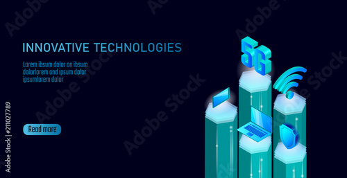 5G new wireless internet wifi connection. Smartphone mobile device isometric blue 3d flat. Global network high speed innovation connection data rate technology vector illustration