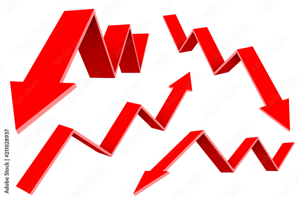 Red financial up and down moving arrows. Rising and falling trends Red financial up and down moving arrows. Rising and falling trends