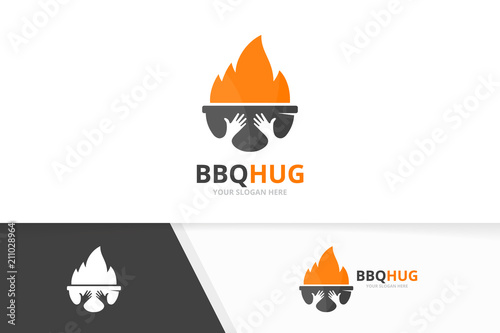 Vector bbq and hands logo combination. Grill and embrace symbol or icon. Unique barbecue and friendship logotype design template.