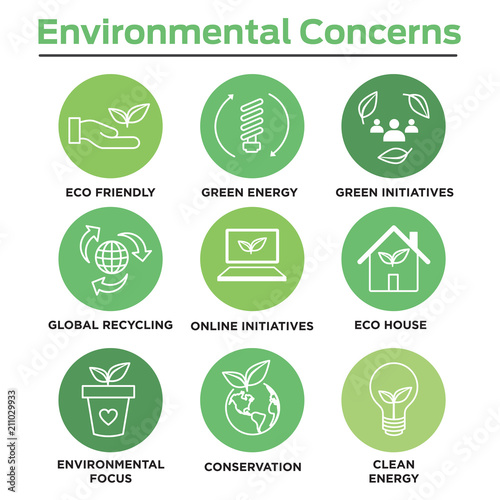 Environmental concerns icon set with lightbulb, hand holding leaf, recycling, etc