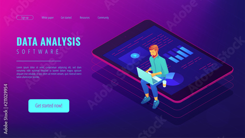 Isometric big data analysis concept. A business analyst with laptop and visual data analysis statistics pie charts and graphics on the tablets screen in violet color. Vector ultraviolet background.