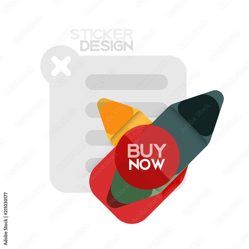 Flat design triangle arrow shape geometric sticker icon, paper style design with buy now sample text, for business or web presentation, app or interface buttons, internet website store banners Flat design triangle arrow shape geometric sticker icon, paper style design with buy now sample text, for business or web presentation, app or interface buttons, internet website store banners