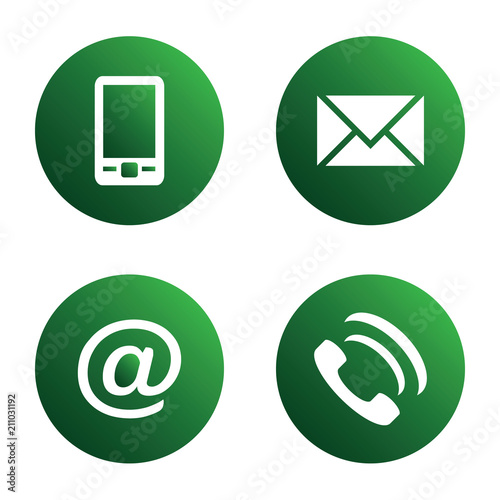 Vector icon set: green spherical communication icons - mobile phone, envelope, e-mail address, phone