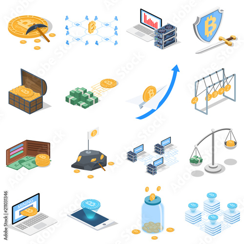 Isometric 3D vector illustration concept of cryptocurrency. A collection of illustrations related to cryptocurrency.