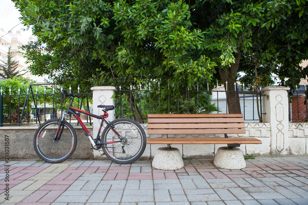 on a city street bicycle next to an empty bench