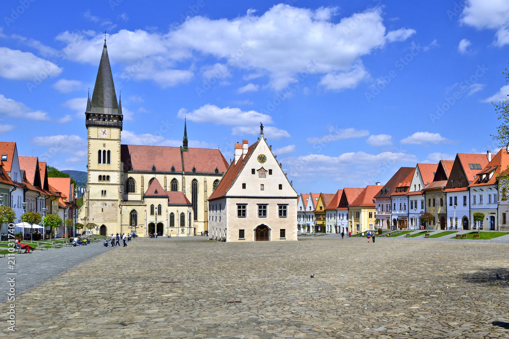 Bardejov town square with old historic houses. The town is one of UNESCO's World Heritage Sites, Europe.