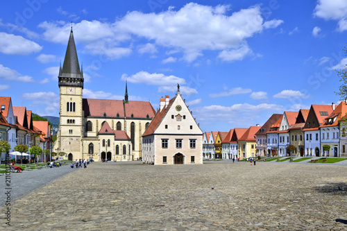 Bardejov town square with old historic houses. The town is one of UNESCO's World Heritage Sites, Europe.