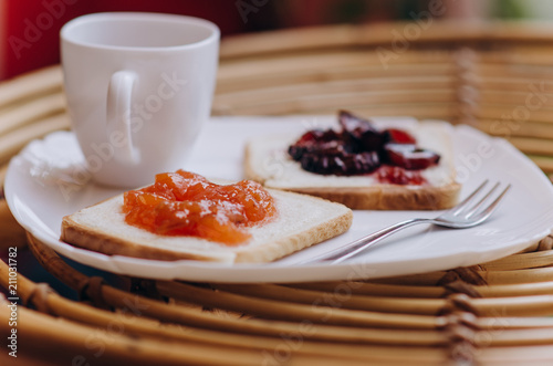 two sweet toast with fruit jam. closeup