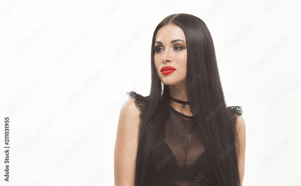 Beautiful woman face close up studio portrait with red lips and beauty hair Beautiful woman face close up studio portrait with red lips and beauty hair
