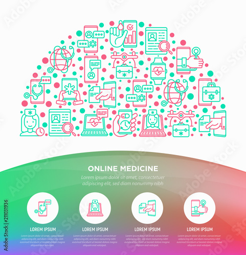 Online medicine, telemedicine concept in half circle with thin line icons: pill timer, ambulance online, medical drone, check symptomps, mobile consultant. Vector illustration, web page template.