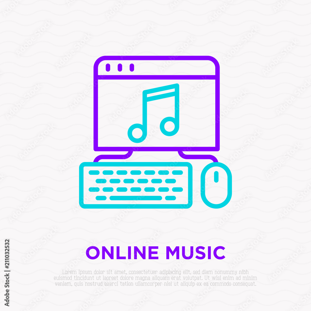 Online music thin line icon: opened web site on computer. Modern vector illustration. Online music thin line icon: opened web site on computer. Modern vector illustration.