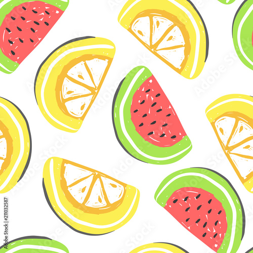 Watermelon seamless pattern. Fresh watermelons and orange summer detox