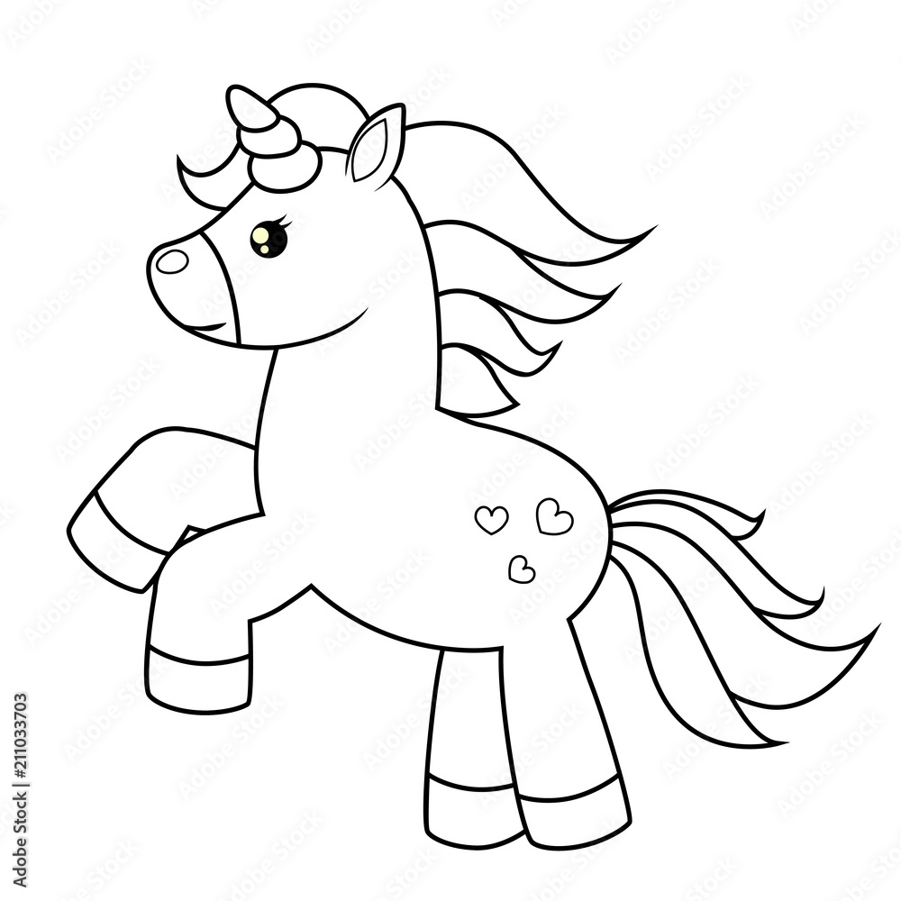 Cute cartoon unicorn. Black and white vector illustration for coloring book Stock Vector Adobe