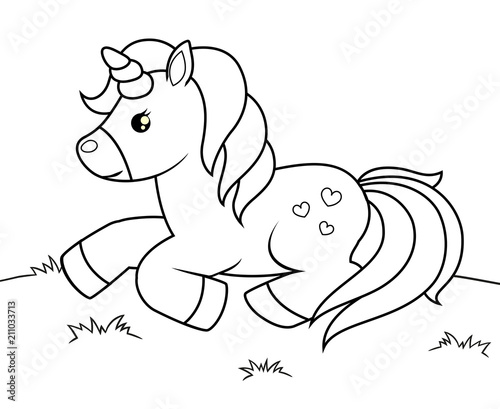 Cute cartoon unicorn. Black  and white vector illustration for coloring book