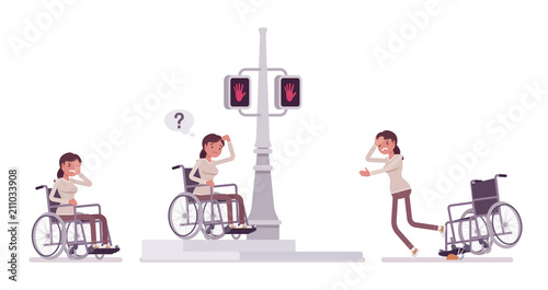 Female young wheelchair user in negative city street emotions
