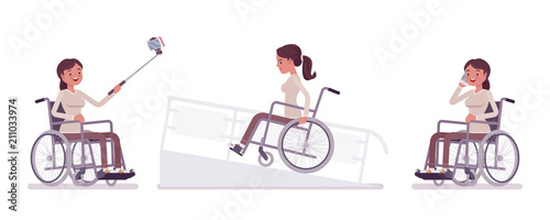 Female young wheelchair user with phone, selfie camera, on ramp
