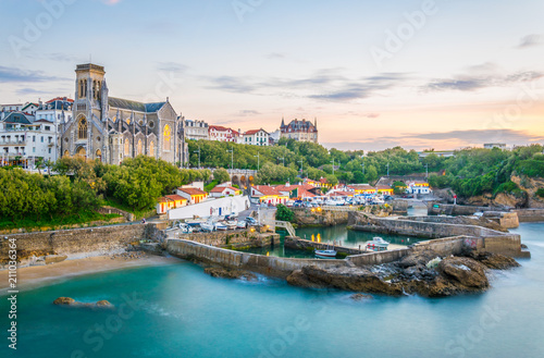 Sunset view of church Sainte-Eugenie in Biarritz, France photo