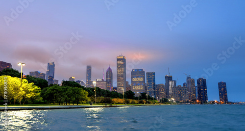 Chicago  Illinois  USA - June 22  2018 - The Chicago skyline at night after a storm across Lake Michigan.