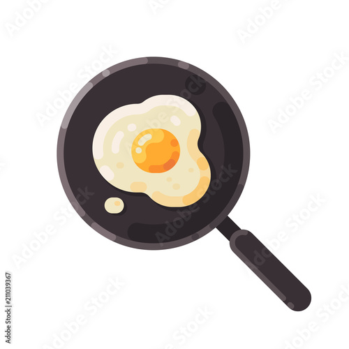 Frying pan with fried egg illustration. Cooking flat icon