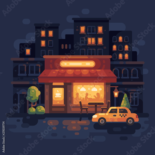 Cozy night street cafe scene flat illustration. Evening city street background.