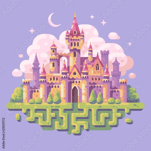 Fairy tale princess castle flat illustration. Fantasy landscape background
