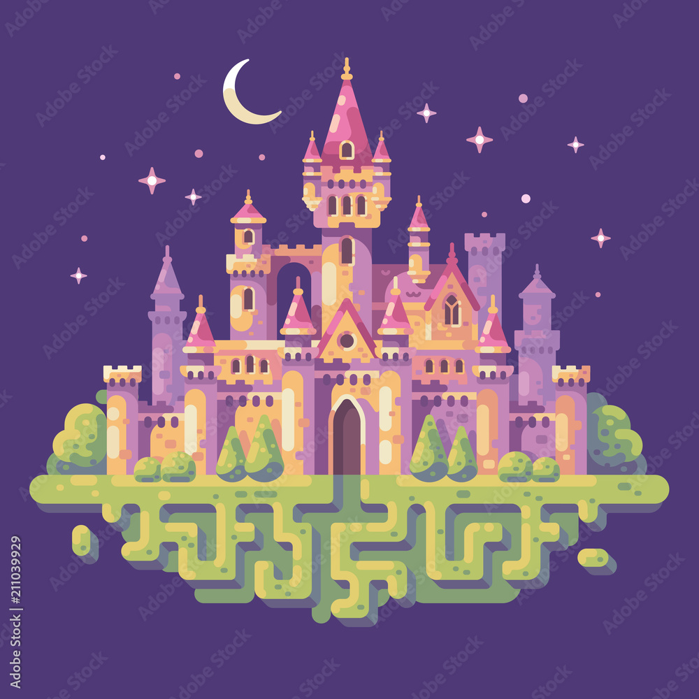 Fairy tale castle night scene flat illustration. Fantasy landscape background.