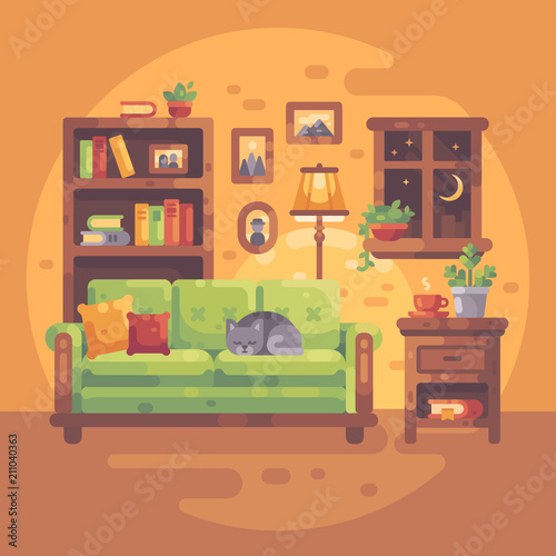 Comfortable room interior with books and a cat sleeping on a sofa, Cozy evening at home.