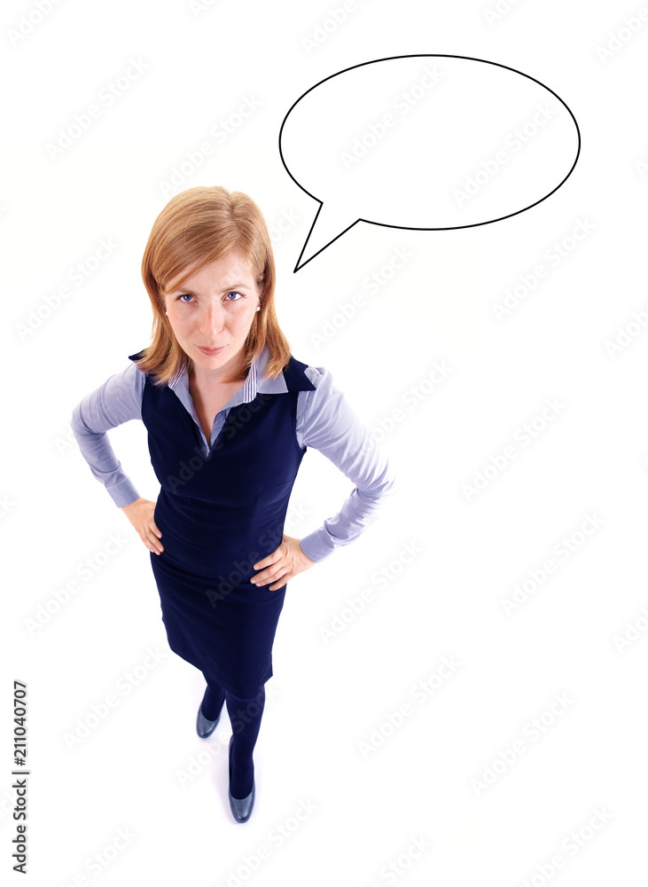 Angry beauty business woman isolated on white with text bubble Angry beauty business woman isolated on white with text bubble