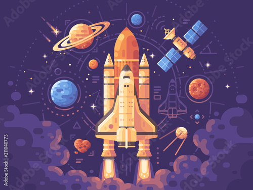 Space exploration concept. Space objects flat illustration. Shuttle launch background. Colorful astronomy banner