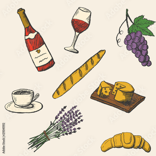 Vintage seamless pattern with hand drawn food icons. Color doodle vector illustration