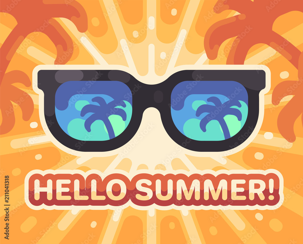 Hello summer! Colorful summer beach flat illustration. Sunglasses with palm trees reflection.