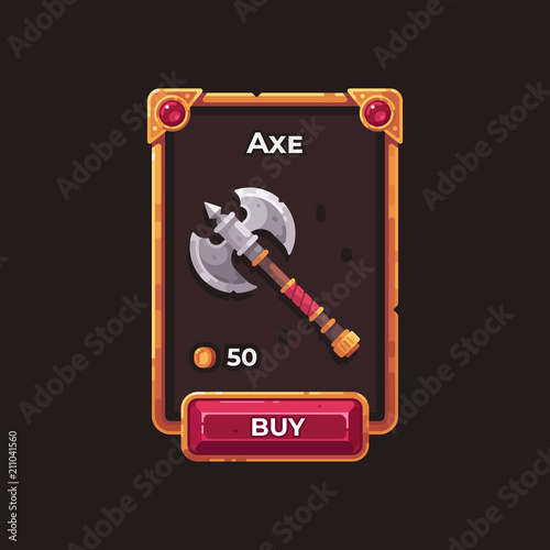 Fantasy game weapon shop UI illustration. Medieval axe game card.