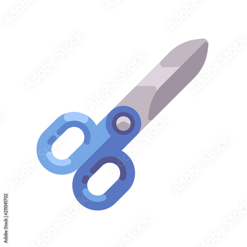 Scissors with blue handles flat icon.