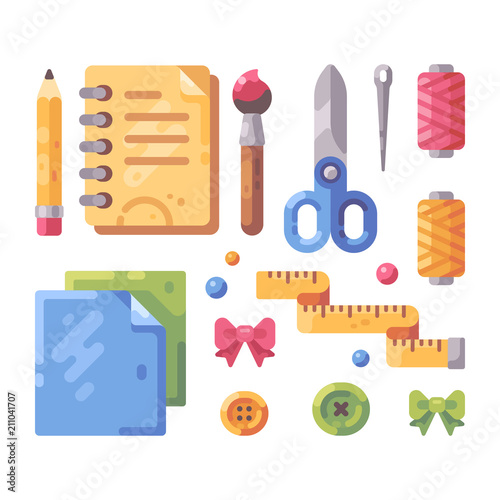 Set of art and craft supplies flat illustration.