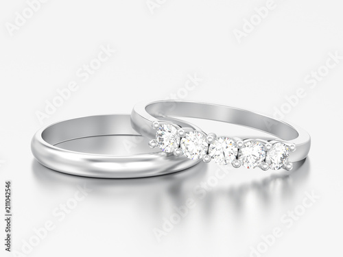 3D illustration two different white gold or silver diamonds rings