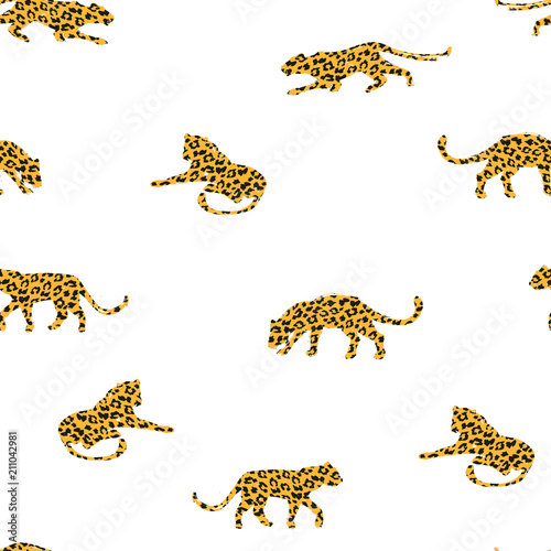 Seamless exotic pattern with abstract silhouettes of leopards.