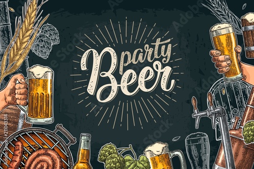 Beer set with tap, class, can, bottle and tanks from brewery factory.