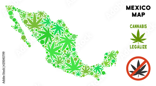 Royalty free marijuana Mexico map mosaic of weed leaves. Template for narcotic addiction campaign against drugs dependence or cannabis legalize.
