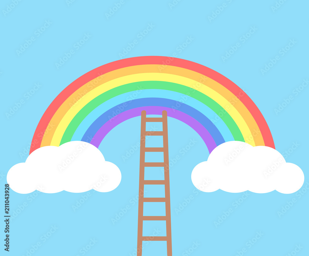 Color rainbow with clouds and wooden stairs on blue sky background