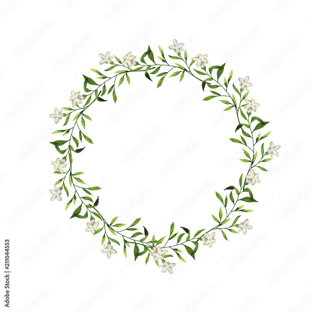 White flowers and green leaves round frame isolated on white background. Design for logo, wedding invitation, greeting card. Hand drawn watercolor illustration. White flowers and green leaves round frame isolated on white background. Design for logo, wedding invitation, greeting card. Hand drawn watercolor illustration.