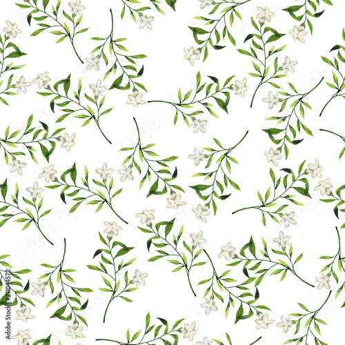 Seamless pattern with white flowers and green leaves on white background. Hand drawn watercolor illustration.