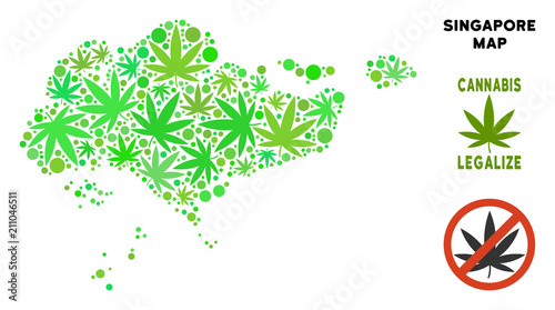 Royalty free cannabis Singapore map mosaic of weed leaves. Concept for narcotic addiction campaign against drugs dependence or cannabis legalize.