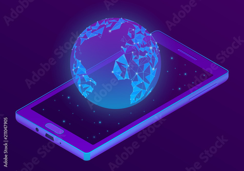 Vector 3d isometric ultraviolet smartphone with world hologram. Puple globe on display of electronic device. Internet connection, social network.