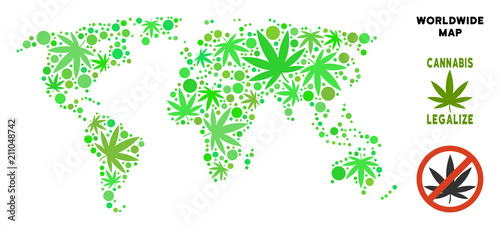 Royalty free cannabis world map composition of weed leaves. Concept for narcotic addiction campaign against drugs dependence or cannabis legalize.