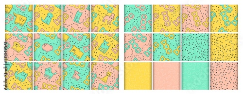 Vector different comic dogs and footprints set seamless patterns. Funny caricature animals characters. Background color contour sketch fabric print with bones, inscription and heart.