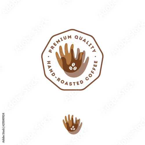 Hand-roasted coffee symbol. Brown transparent two palms and coffee beans with letters in badge. Hand picking icon. 